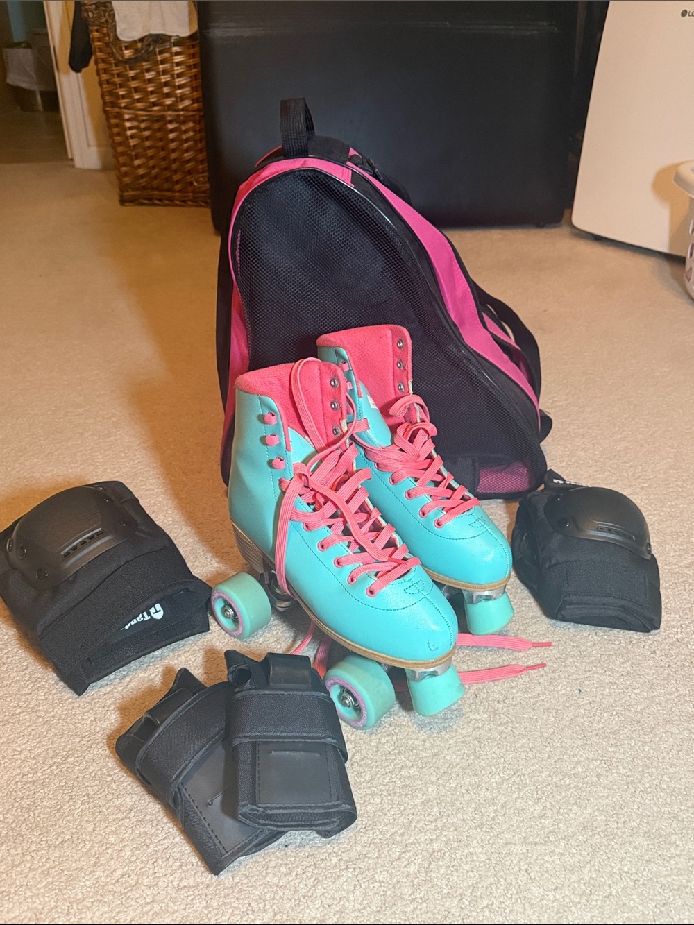 Impala Mint & Coral Quad Roller Skates with Protective Gear and Pink Skate Bag